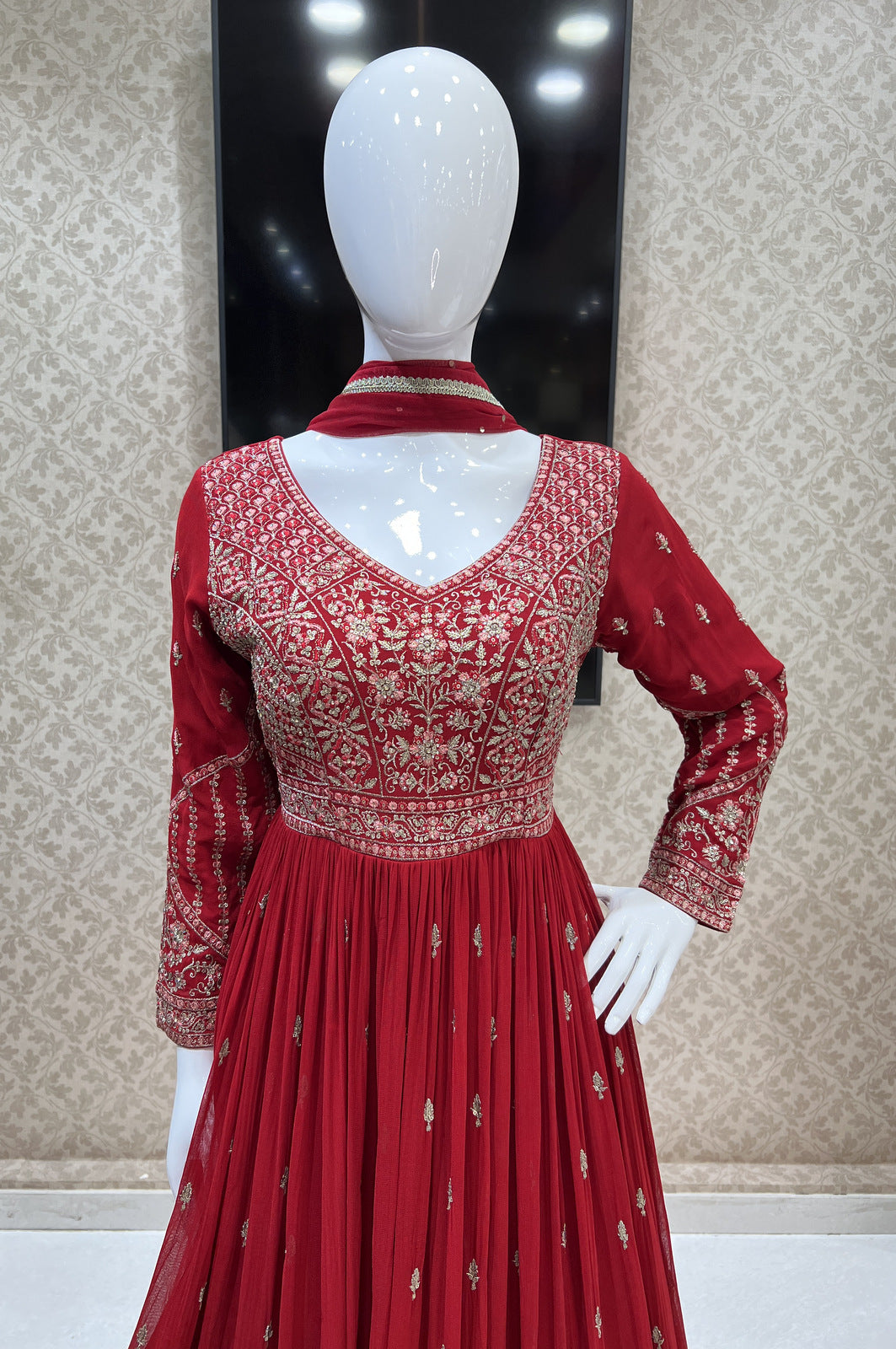 Red Zari, Stone and Thread work Floor Length Anarkali Suit