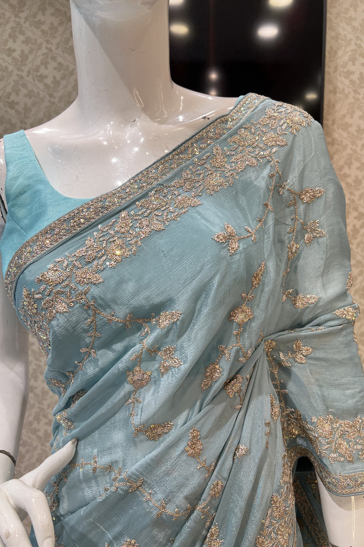 Aqua Blue Sequins and Zari work Saree