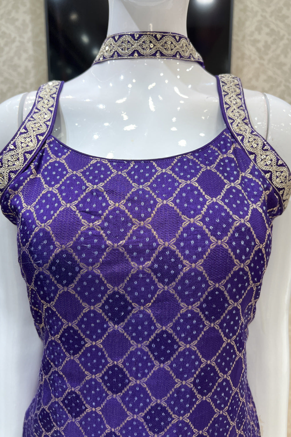 Purple Banaras, Zari and Sequins work Palazzo Salwar Suit