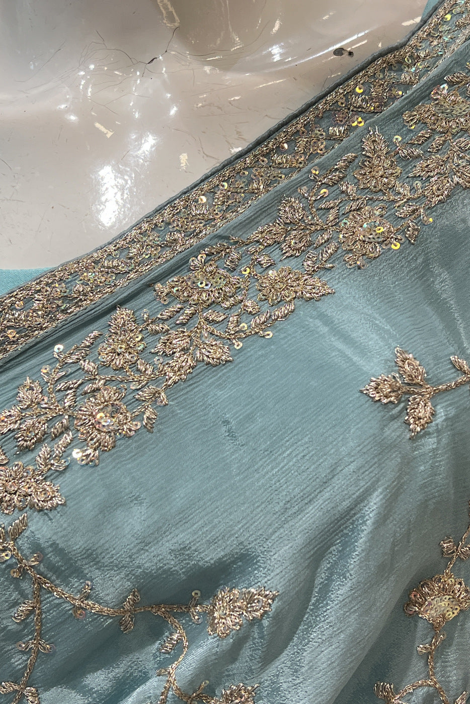 Aqua Blue Sequins and Zari work Saree