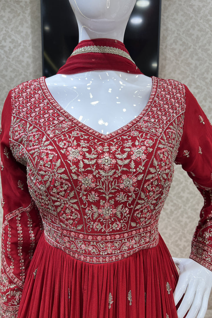 Red Zari, Stone and Thread work Floor Length Anarkali Suit