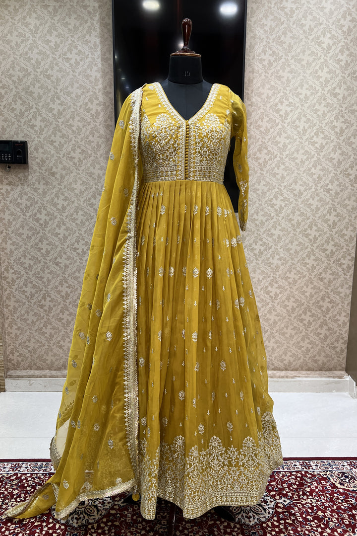 Mustard Zari and Sequins work Floor Length Anarkali Suit