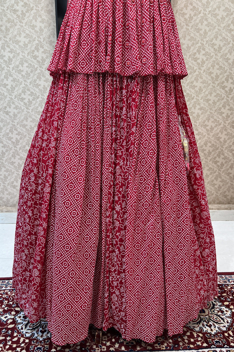 Red Printed, Mirror, Stone and Thread work Peplum Style Lehenga