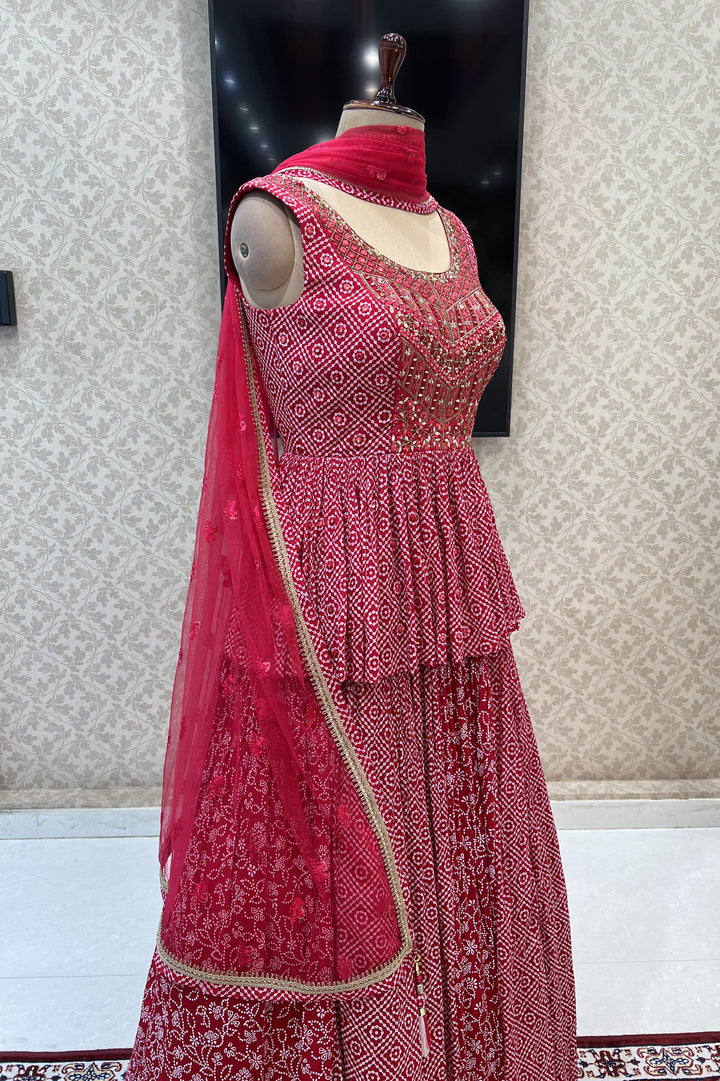 Red Printed, Mirror, Stone and Thread work Peplum Style Lehenga