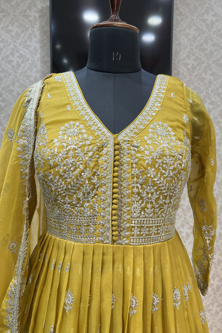 Mustard Zari and Sequins work Floor Length Anarkali Suit