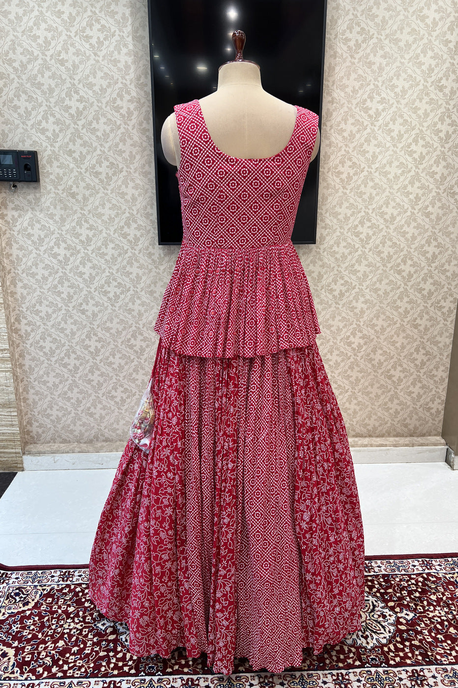 Red Printed, Mirror, Stone and Thread work Peplum Style Lehenga