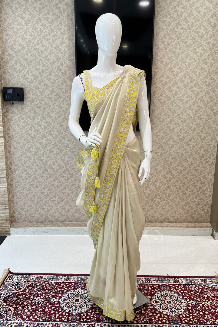 Beige with Yellow Sequins and Zari work Saree