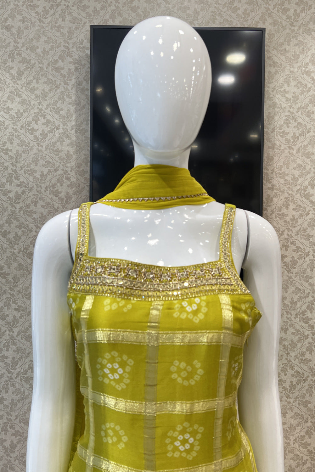 Liril Green Mirror, Beads, Zardozi and Thread work with Bandini Print Sharara Salwar Suit