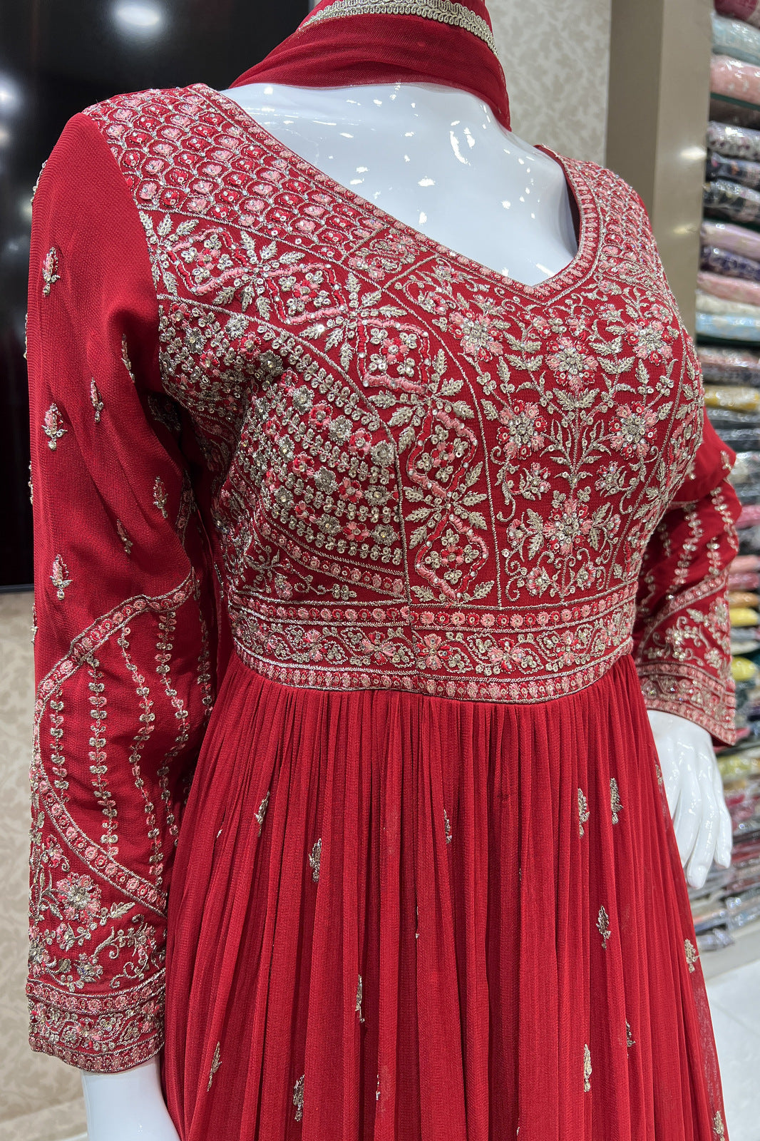 Red Zari, Stone and Thread work Floor Length Anarkali Suit