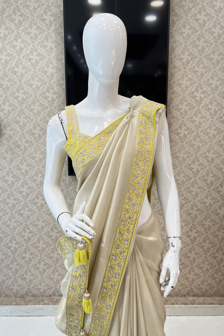 Beige with Yellow Sequins and Zari work Saree