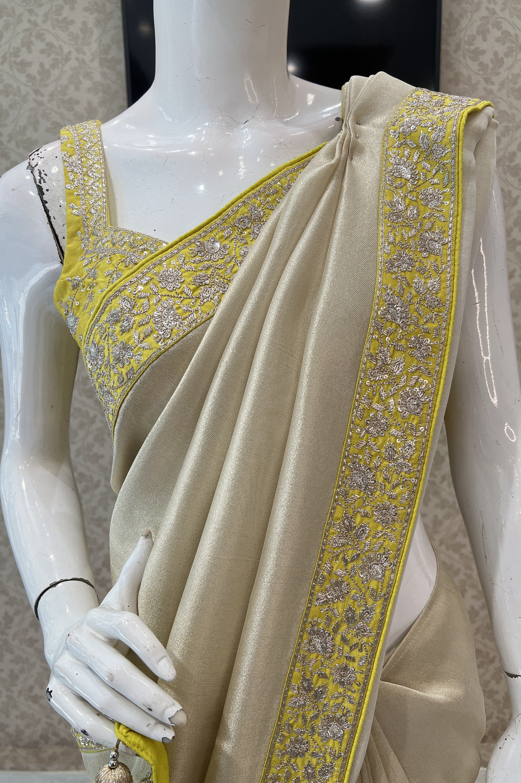 Beige with Yellow Sequins and Zari work Saree