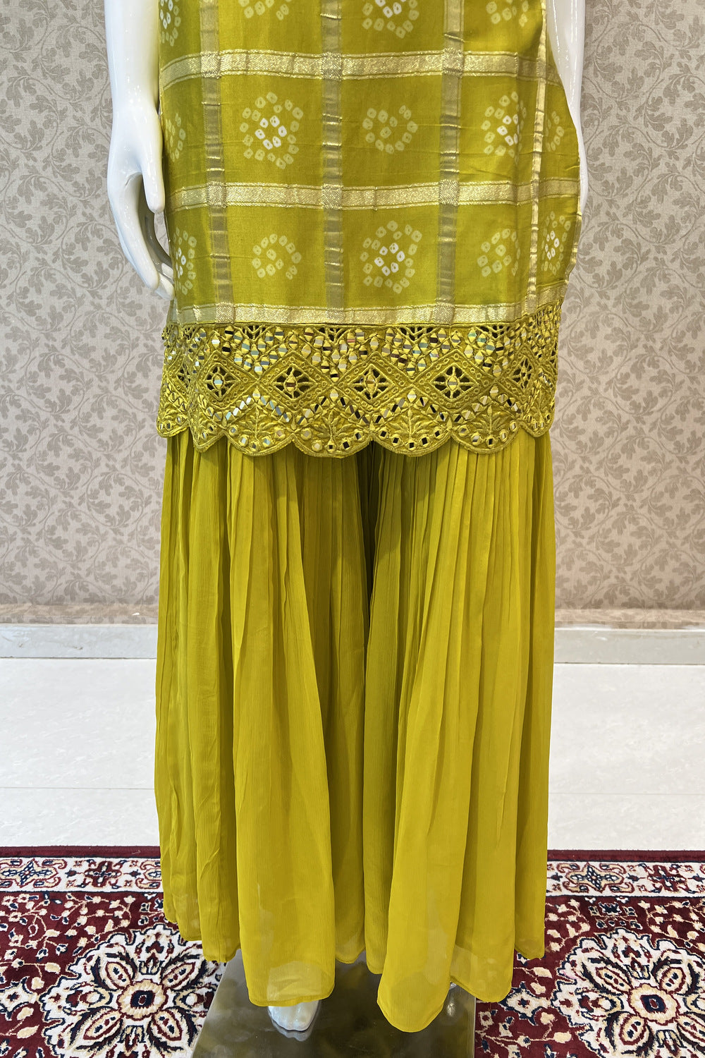 Liril Green Mirror, Beads, Zardozi and Thread work with Bandini Print Sharara Salwar Suit