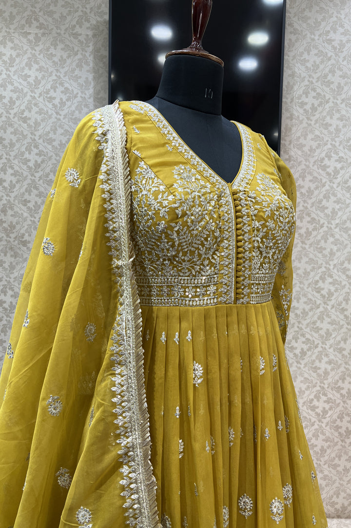 Mustard Zari and Sequins work Floor Length Anarkali Suit