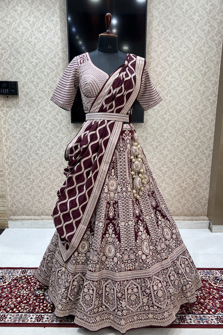 Wine Lucknowi Embroidery and Sequins work Crop Top Designer Bridal Lehenga