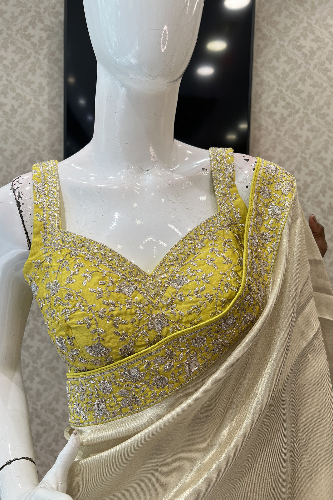 Beige with Yellow Sequins and Zari work Saree