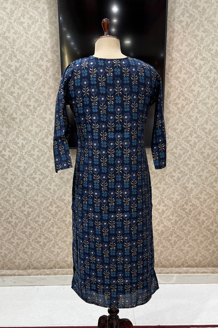 Navy Blue Embroidery with Floral Print Calf Length Kurti