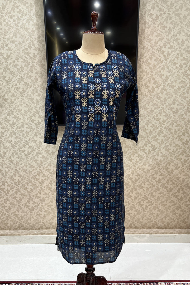 Navy Blue Embroidery with Floral Print Calf Length Kurti