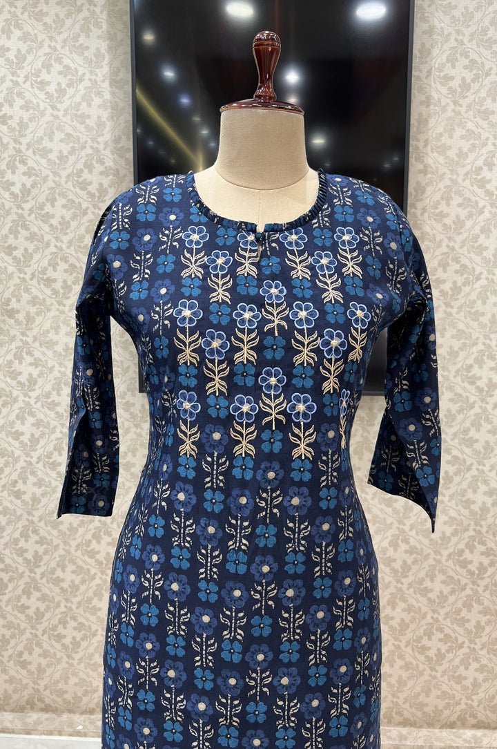 Navy Blue Embroidery with Floral Print Calf Length Kurti