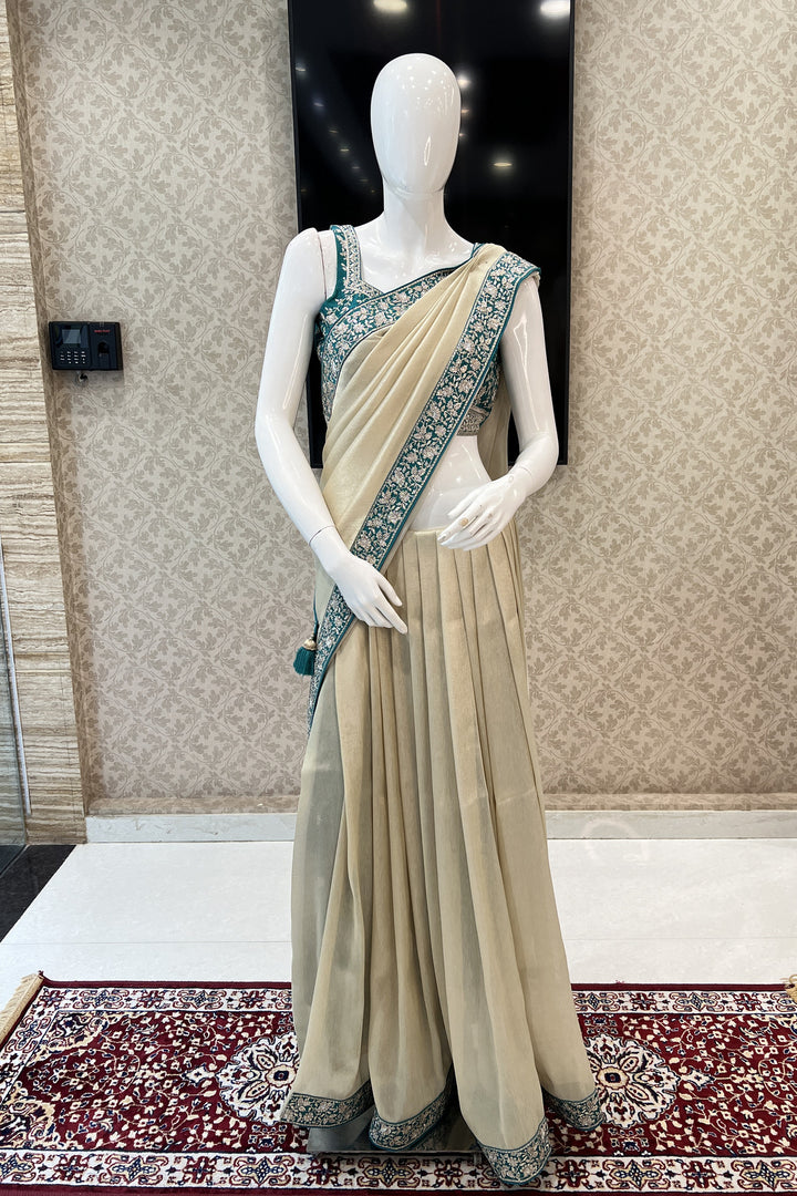 Beige with Rama Blue Sequins and Zari work Saree