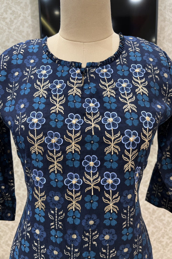 Navy Blue Embroidery with Floral Print Calf Length Kurti