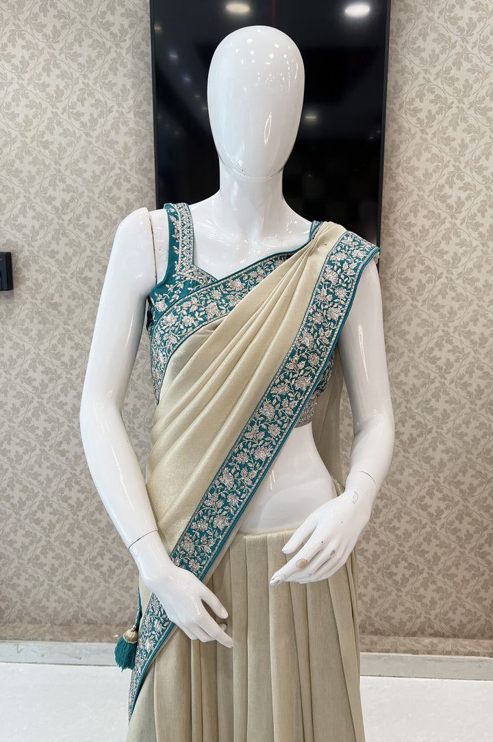 Beige with Rama Blue Sequins and Zari work Saree