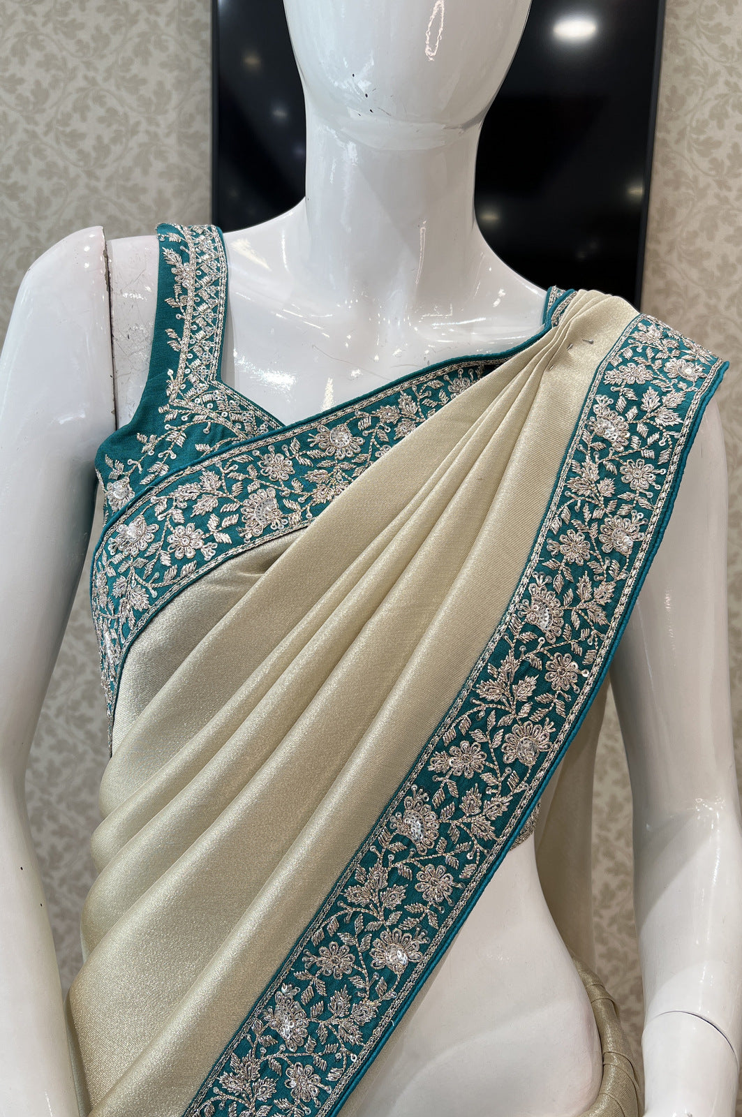 Beige with Rama Blue Sequins and Zari work Saree