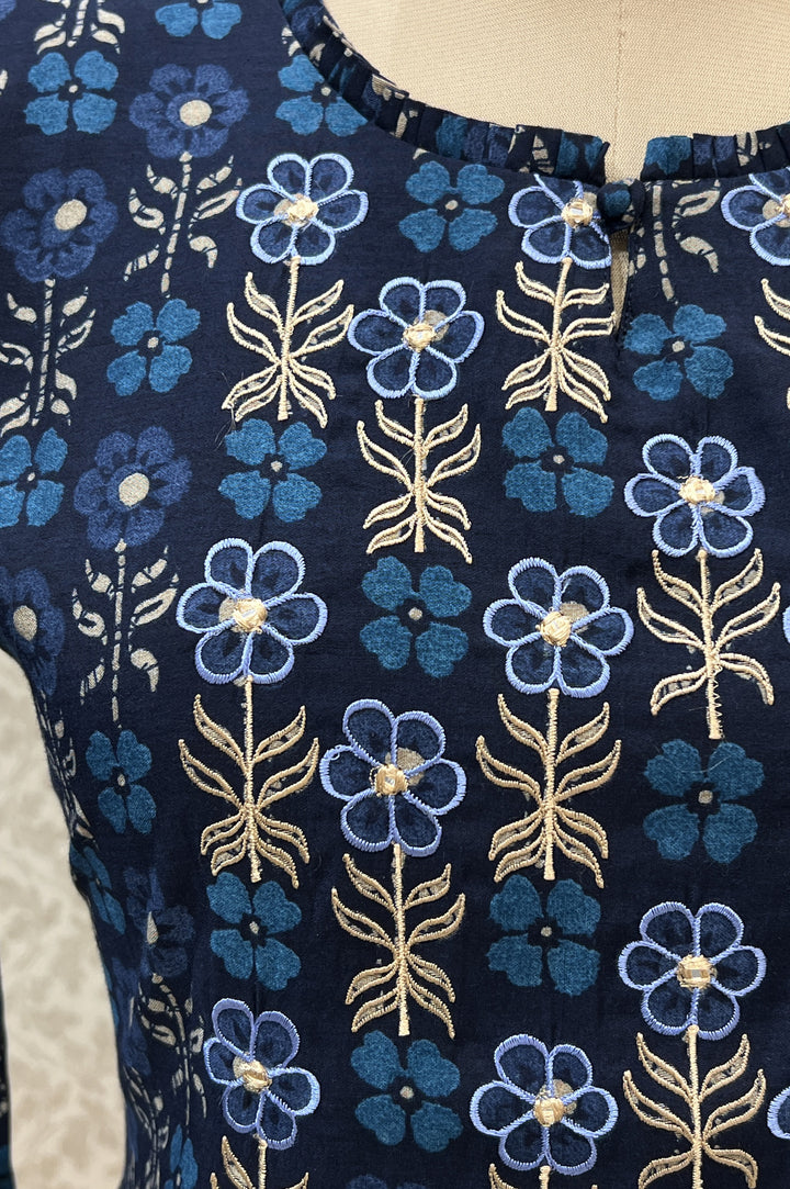 Navy Blue Embroidery with Floral Print Calf Length Kurti