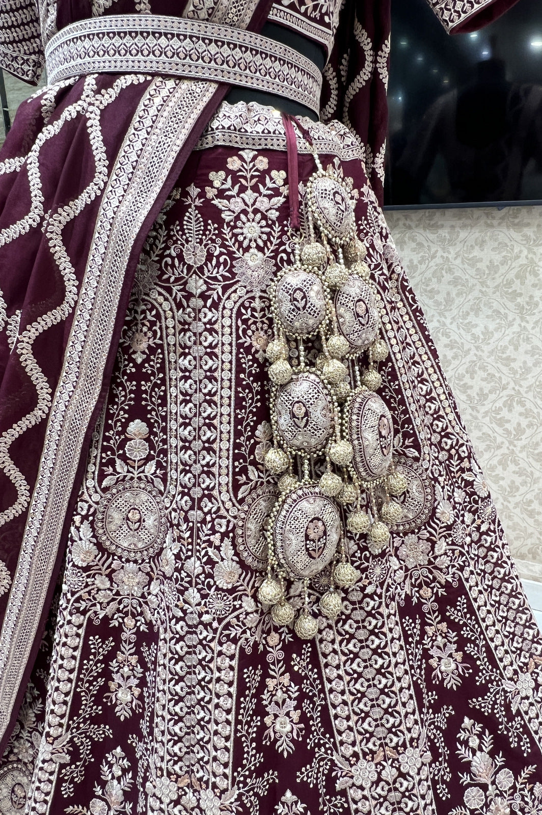 Wine Lucknowi Embroidery and Sequins work Crop Top Designer Bridal Lehenga