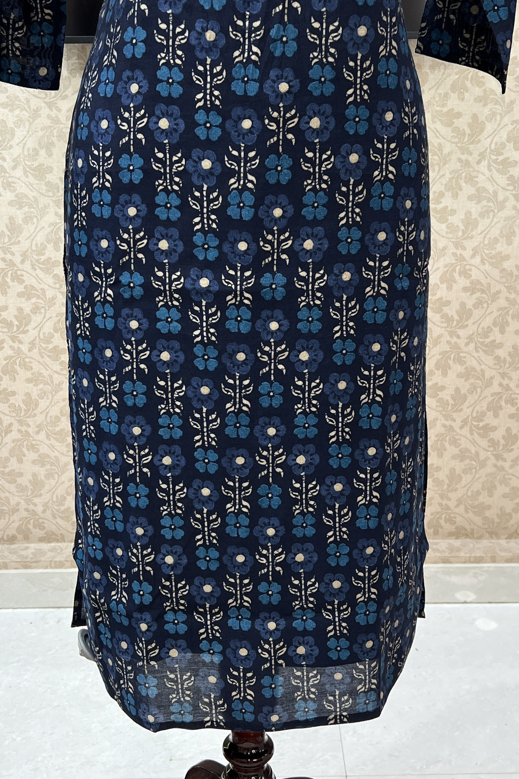 Navy Blue Embroidery with Floral Print Calf Length Kurti