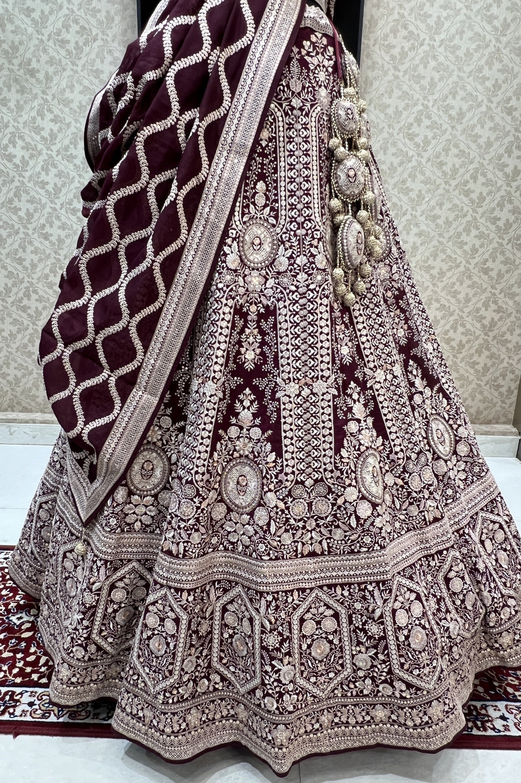 Wine Lucknowi Embroidery and Sequins work Crop Top Designer Bridal Lehenga