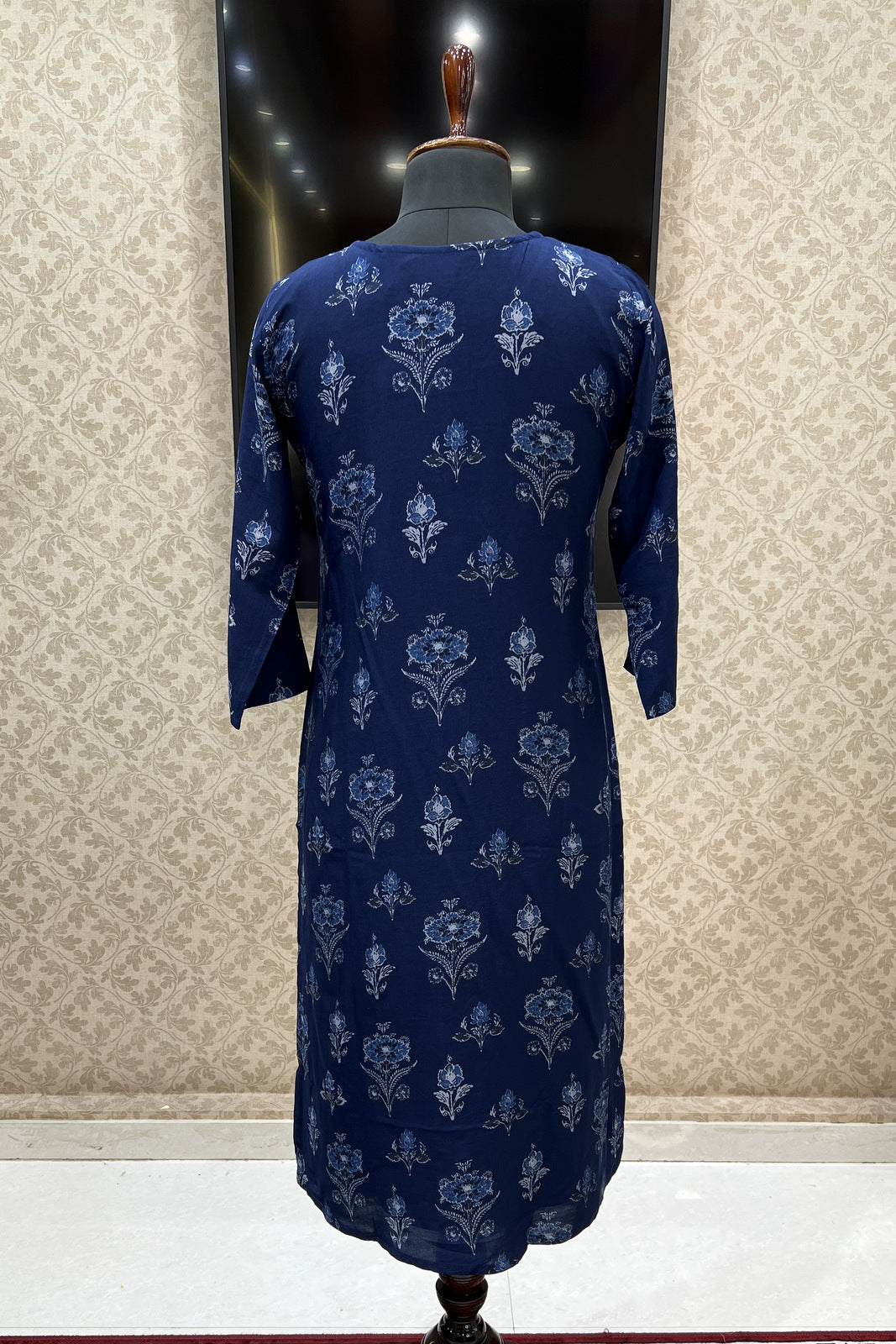 Navy Blue Embroidery with Floral Print Calf Length Kurti