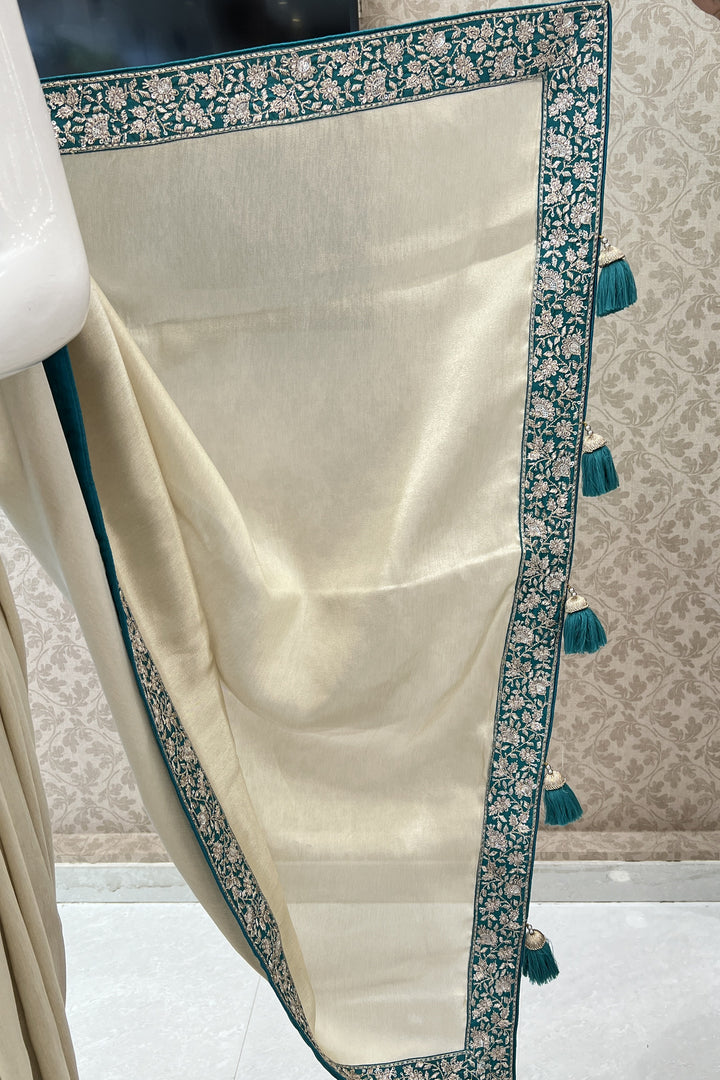 Beige with Rama Blue Sequins and Zari work Saree