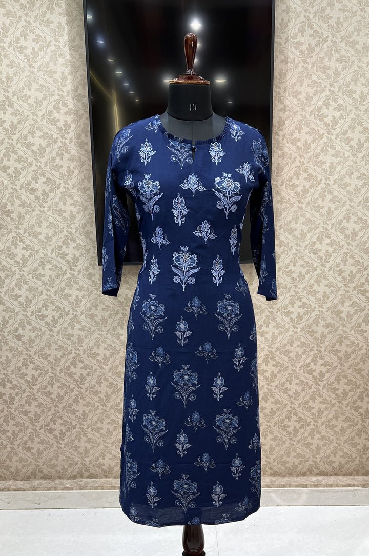 Navy Blue Embroidery with Floral Print Calf Length Kurti