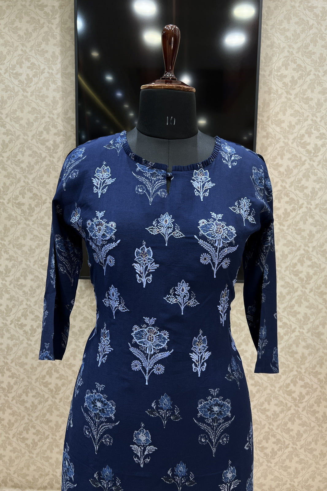 Navy Blue Embroidery with Floral Print Calf Length Kurti