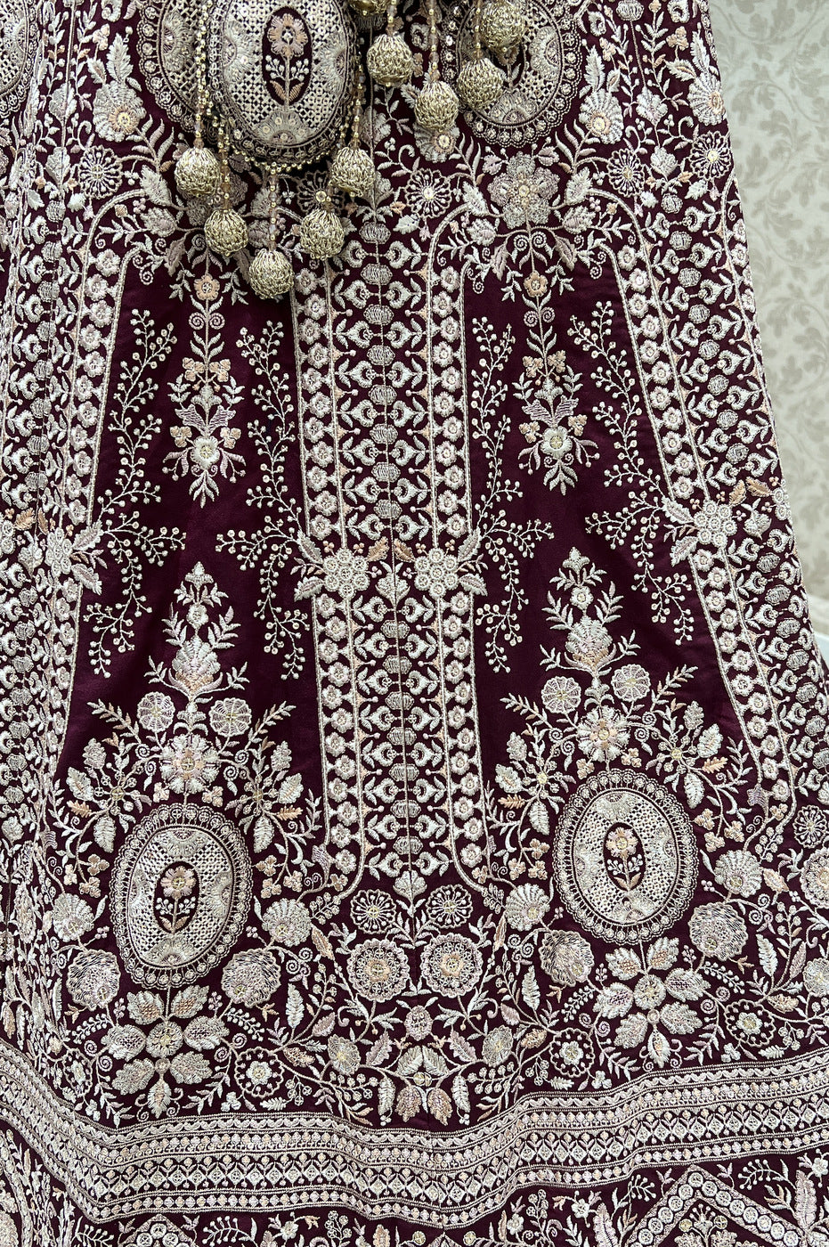 Wine Lucknowi Embroidery and Sequins work Crop Top Designer Bridal Lehenga