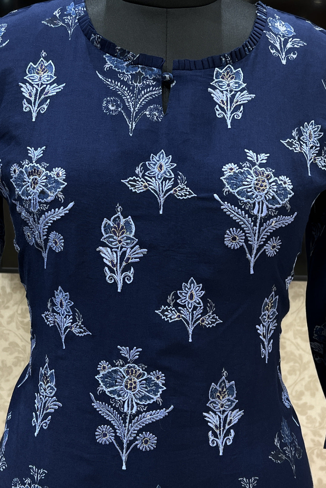 Navy Blue Embroidery with Floral Print Calf Length Kurti