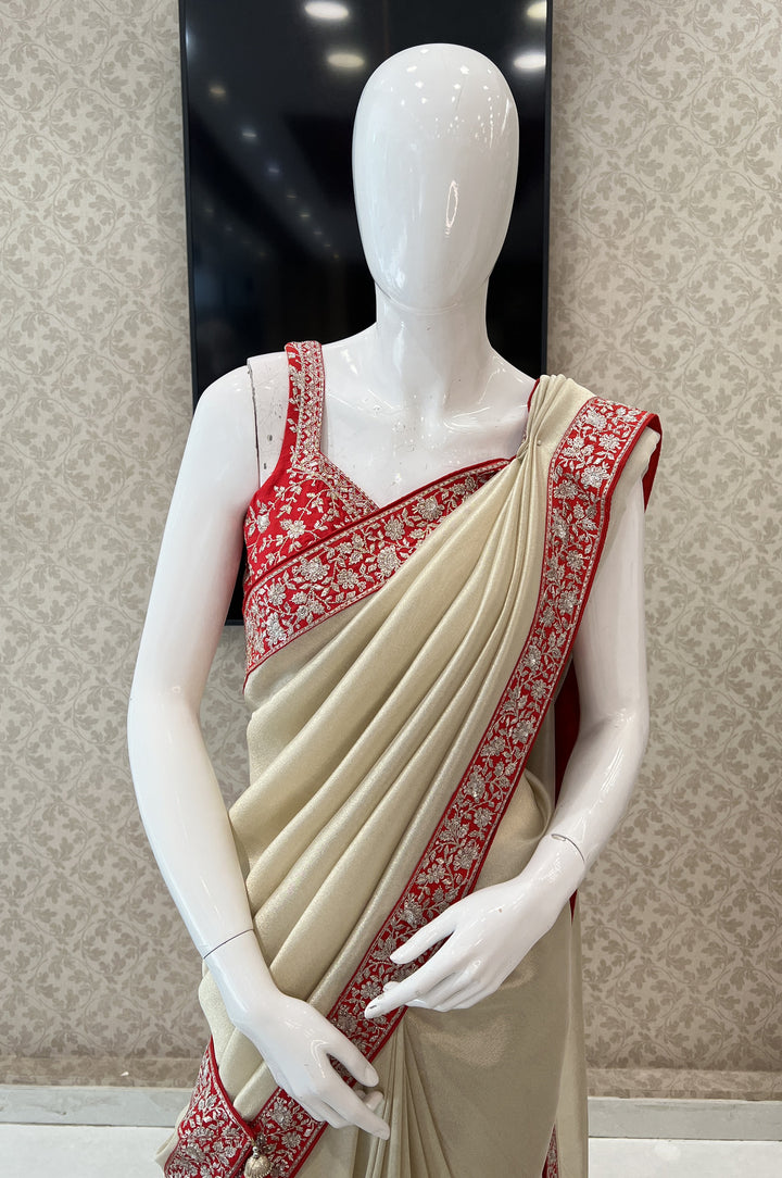 Beige with Red Sequins and Zari work Saree