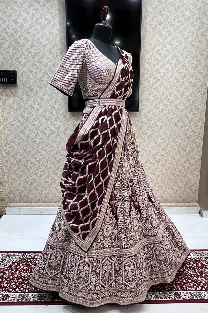 Wine Lucknowi Embroidery and Sequins work Crop Top Designer Bridal Lehenga