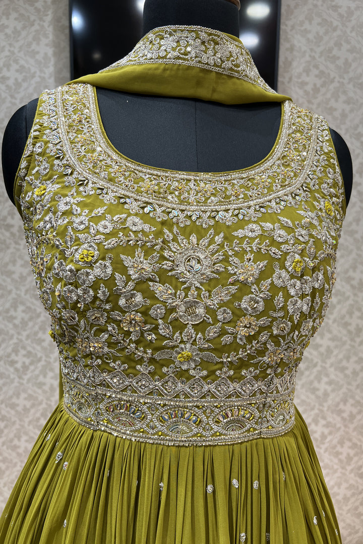 Olive Green Zari, Sequins, Stone and Beads work Floor Length Anarkali Suit