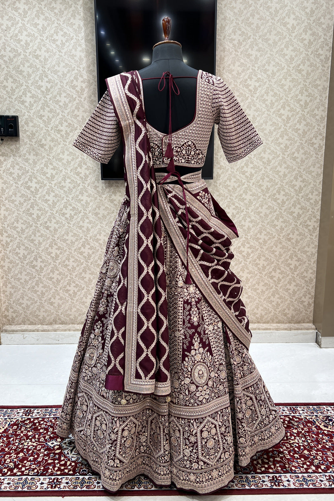 Wine Lucknowi Embroidery and Sequins work Crop Top Designer Bridal Lehenga