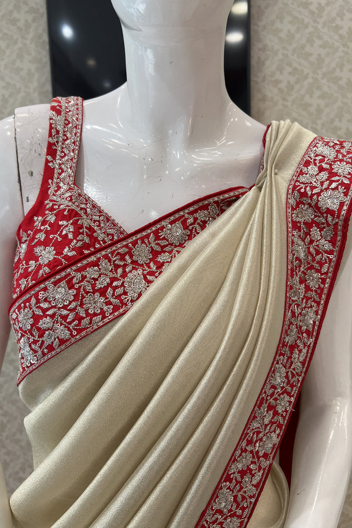 Beige with Red Sequins and Zari work Saree