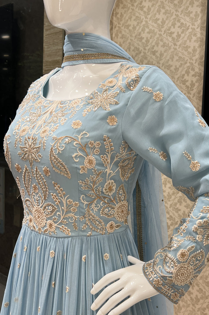 Sky Blue Embroidery, Sequins and Zari work Floor Length Anarkali Suit