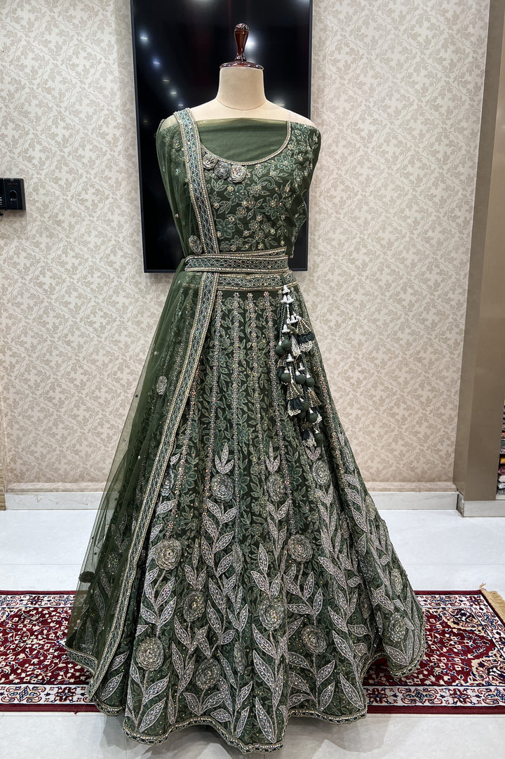 Green Silver Zari, Embroidery, Sequins and Stone work Semi Stitched Designer Bridal Lehenga