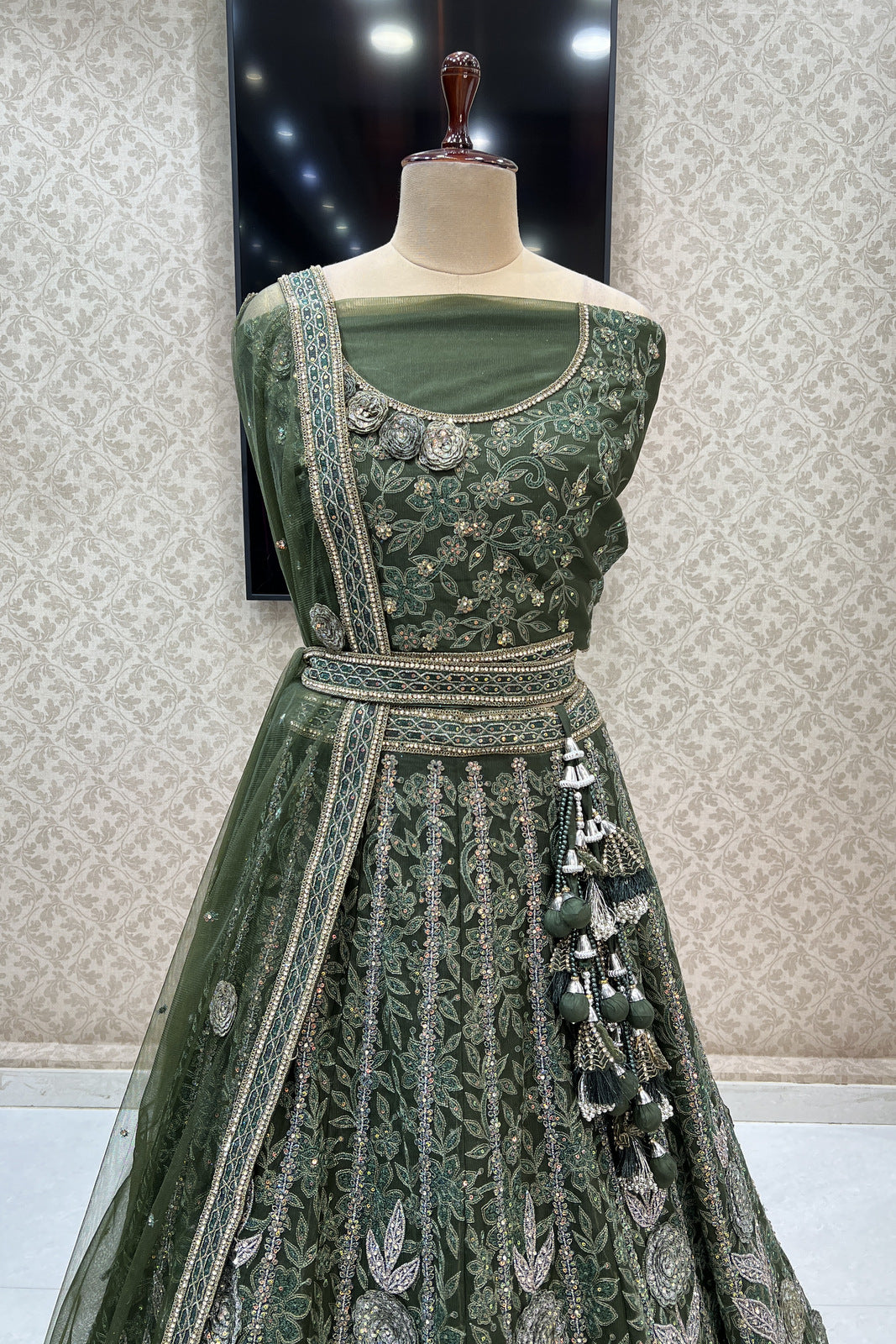 Green Silver Zari, Embroidery, Sequins and Stone work Semi Stitched Designer Bridal Lehenga