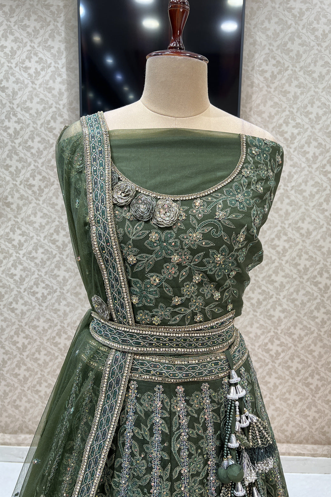 Green Silver Zari, Embroidery, Sequins and Stone work Semi Stitched Designer Bridal Lehenga