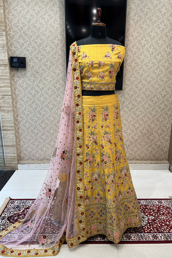 Yellow and Pink Multicolor Embroidery and Zari work Semi Stitched Designer Lehenga