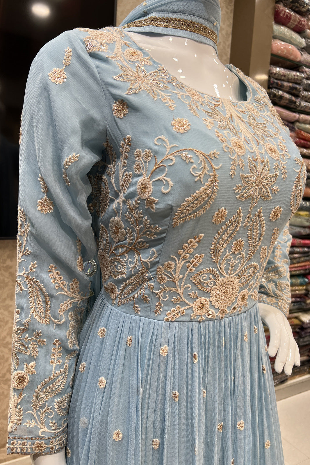 Sky Blue Embroidery, Sequins and Zari work Floor Length Anarkali Suit