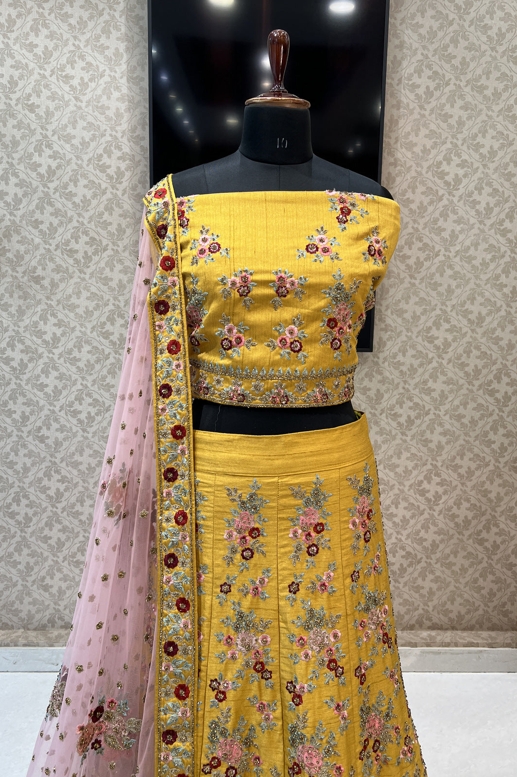 Yellow and Pink Multicolor Embroidery and Zari work Semi Stitched Designer Lehenga