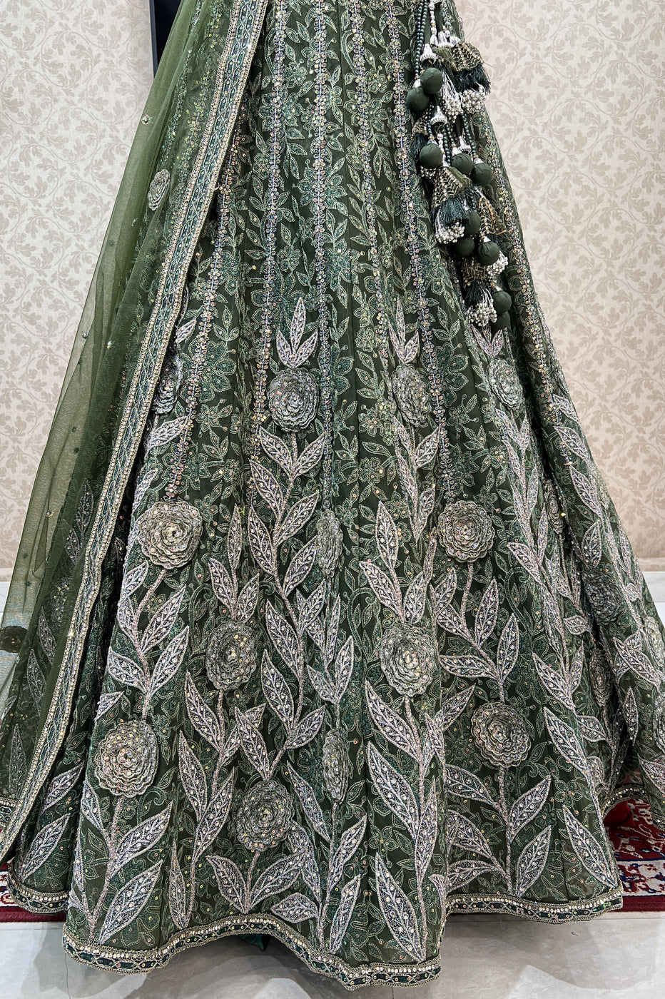 Green Silver Zari, Embroidery, Sequins and Stone work Semi Stitched Designer Bridal Lehenga