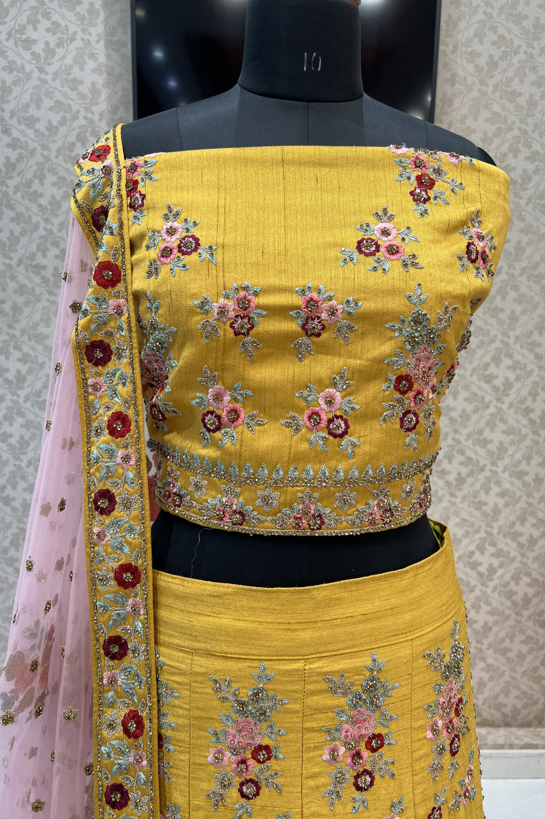 Yellow and Pink Multicolor Embroidery and Zari work Semi Stitched Designer Lehenga